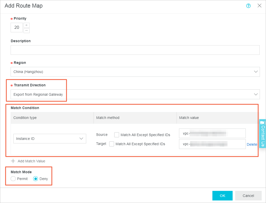 Set a route map to deny access from VPC1 to VPC2