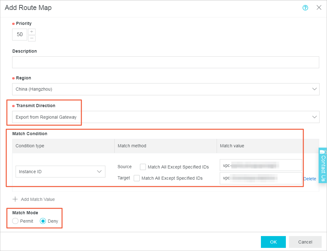 Set a route map to deny access from VPC2 to VPC1