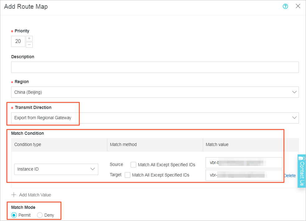 Configure the route map that allows VBR1 to access VBR2
