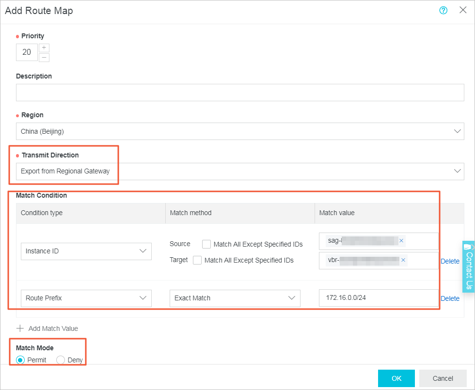 Set a route map that allows the on-premises data cente to access branch 1