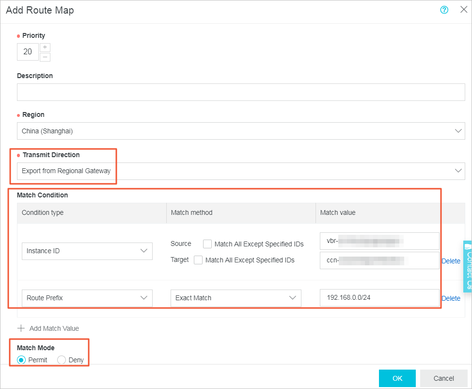 Set a route map that allows the CCN to access the on-premises data center