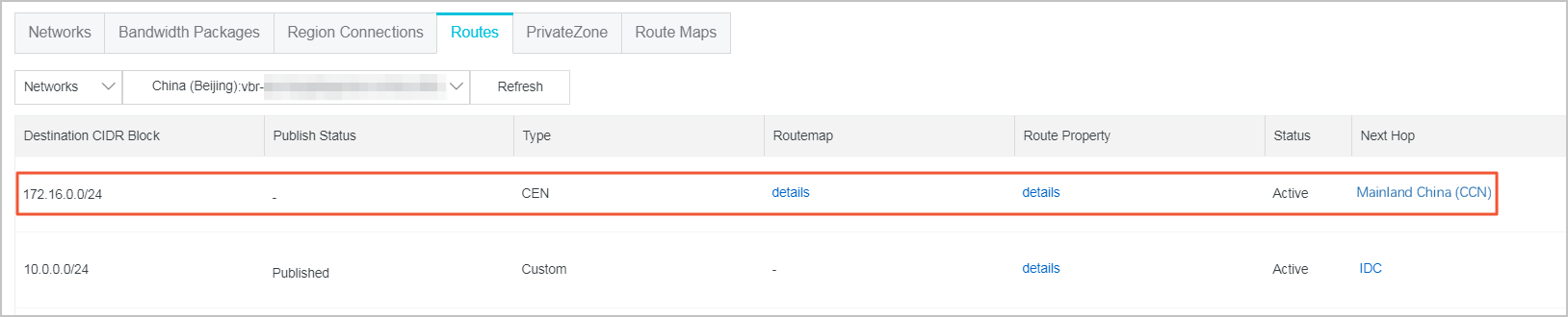View the route map that allows the CCN to access the on-premises data center