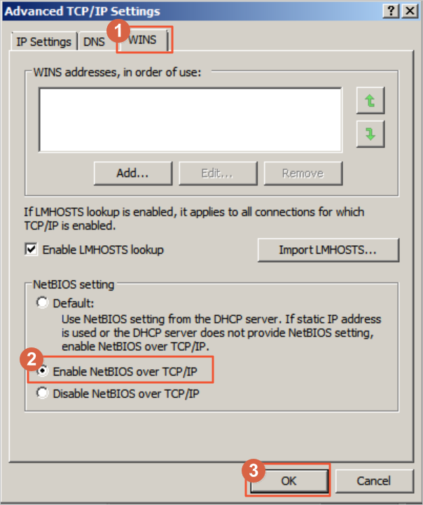 Enable the NetBIOS over TCP/IP service