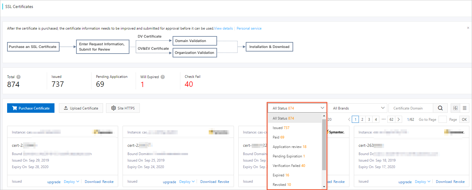 View the status of a certificate