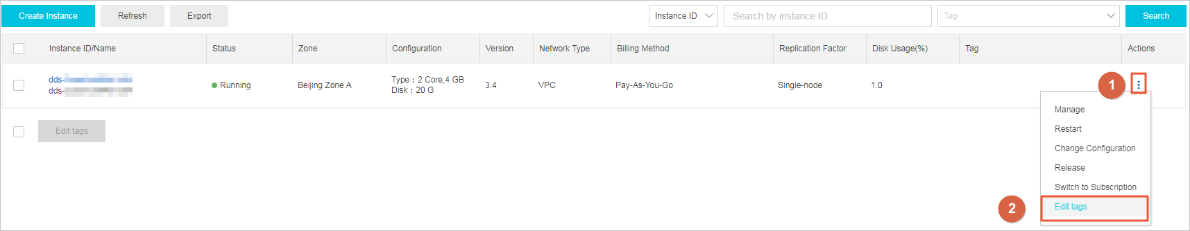 Create tags for an instance