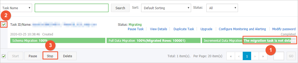 Stop a task during incremental migration
