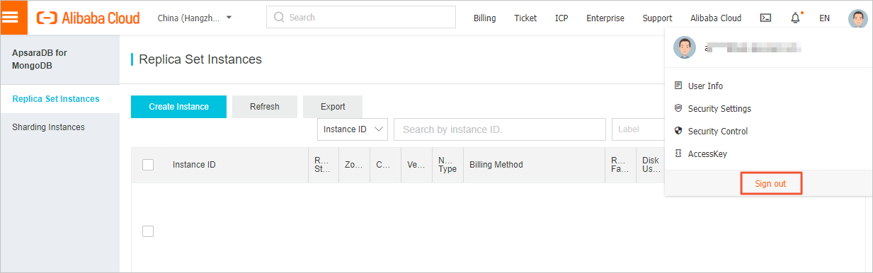 Log off from the ApsaraDB for MongoDB console