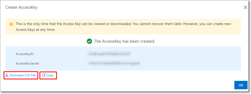 Download or copy the AccessKey pair information
