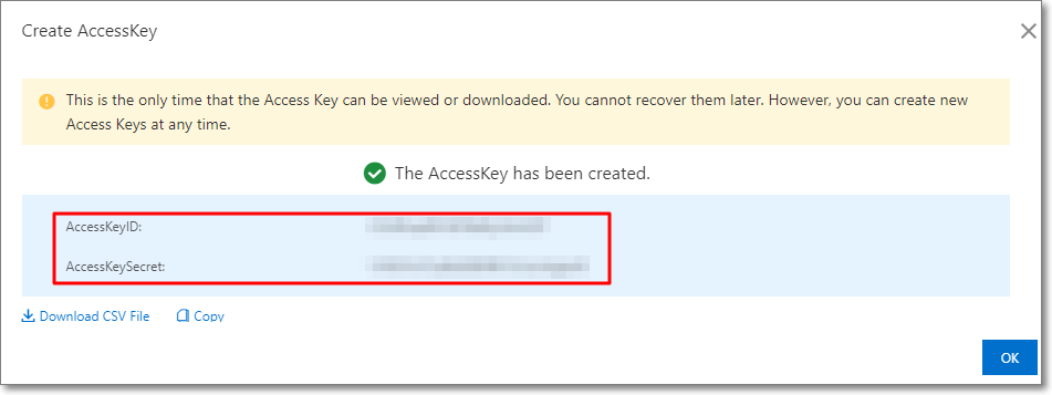 Page for creating an AccessKey pair