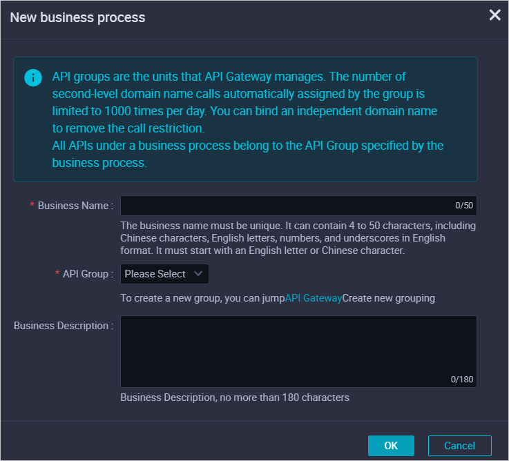 New business process dialog box