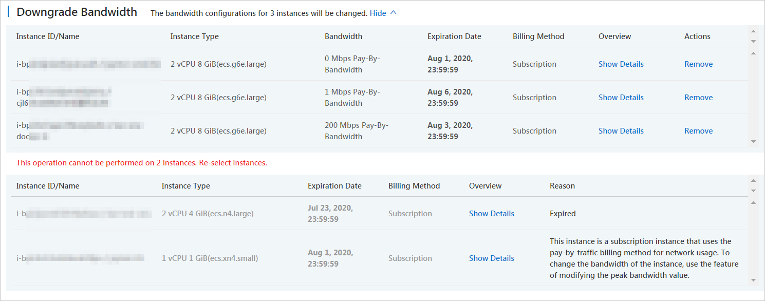 Batch downgrade public bandwidths of multiple instances