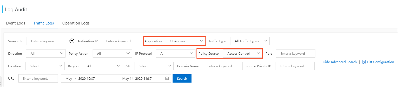 Logs of traffic with unknown applications
