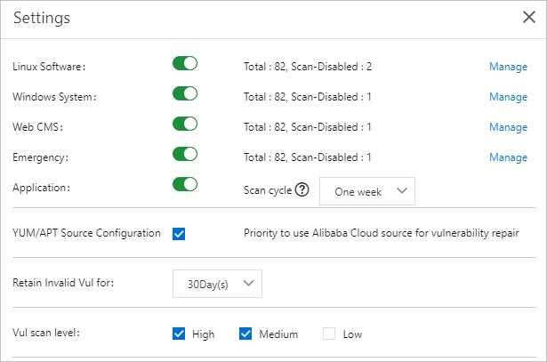 Vulnerabilities settings