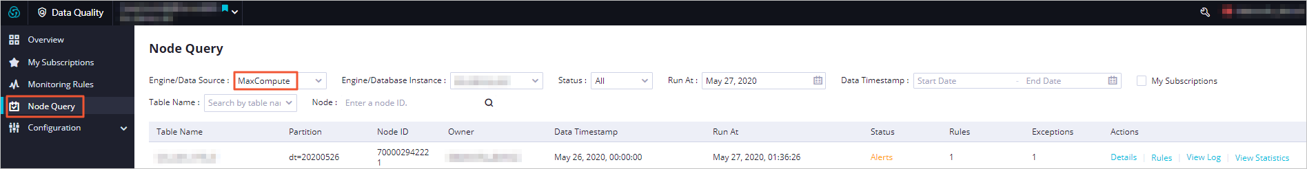 View monitoring results of MaxCompute tables