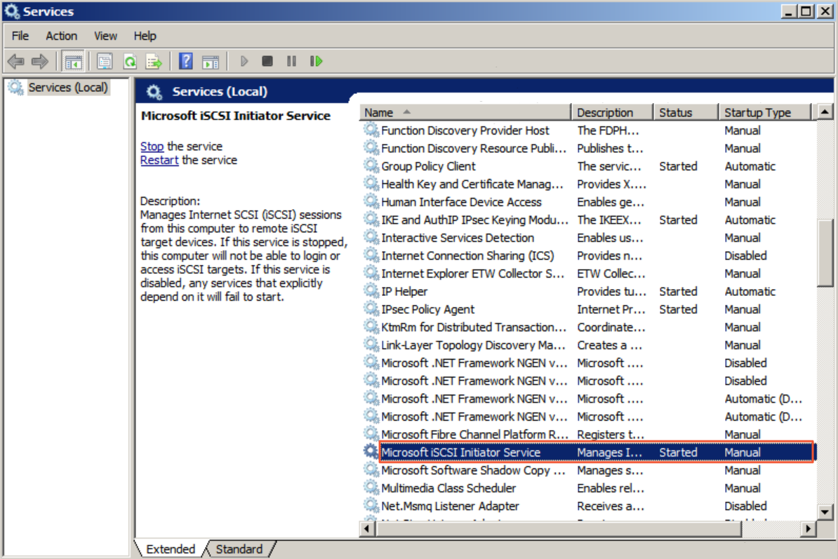 Enable the Microsoft iSCSI initiator service
