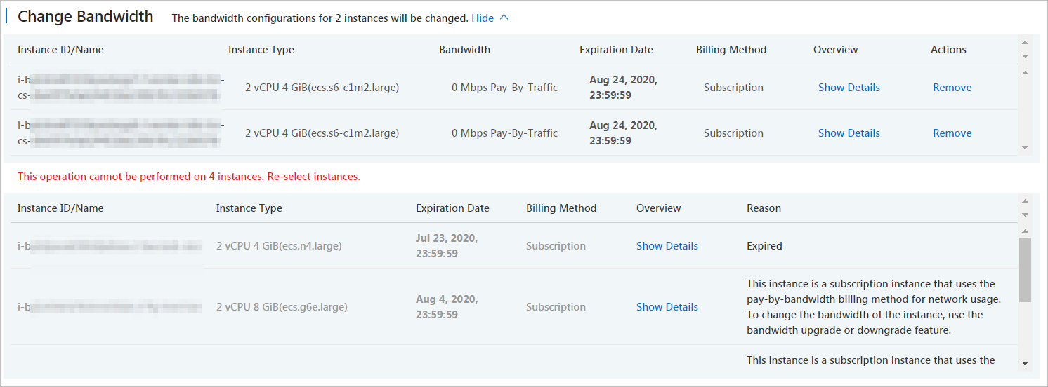 Batch modify the peak bandwidth value of multiple instances