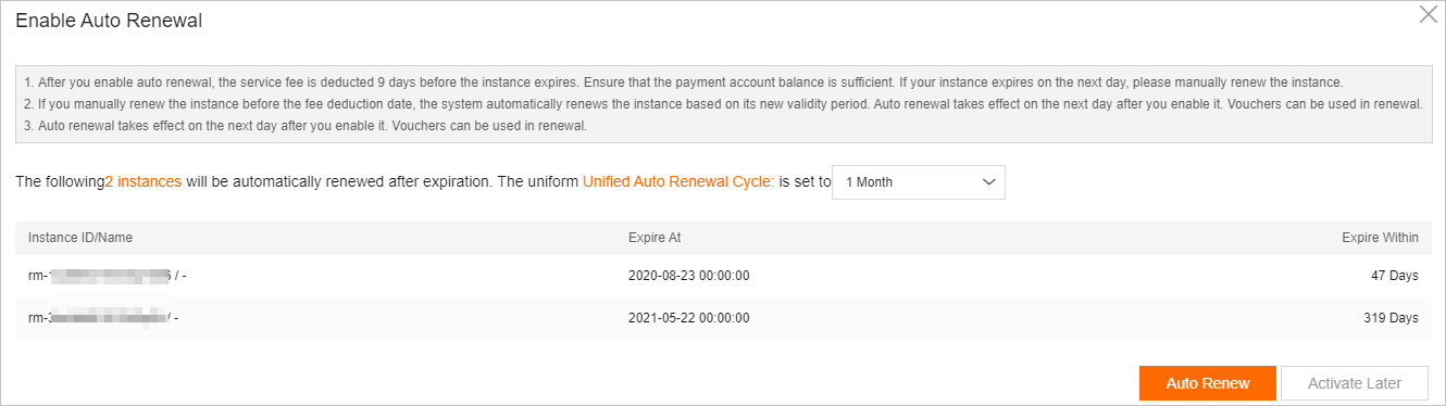 Settings for enabling auto-renewal for multiple instances