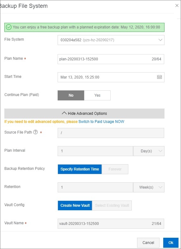 Backup File System pane