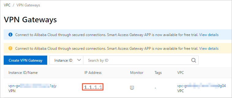 Public IP address of the VPN gateway instance