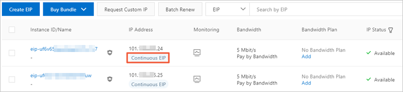 Apply for a continuous EIP group