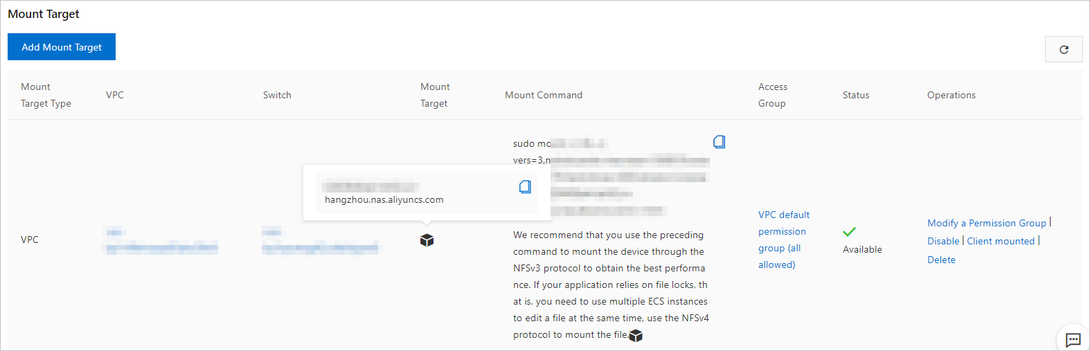The information of the mount target