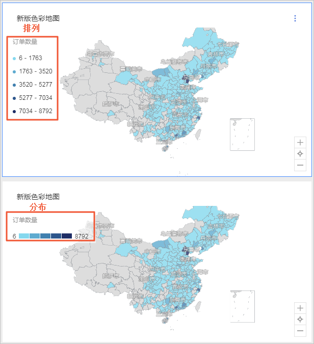 在图表样式中,设置地名显示方式,地图配色,图例配置.