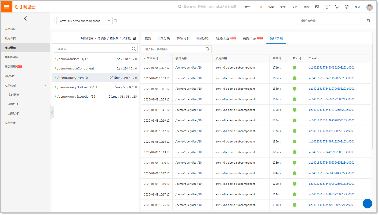 ARMS应用监控-接口调用-接口快照