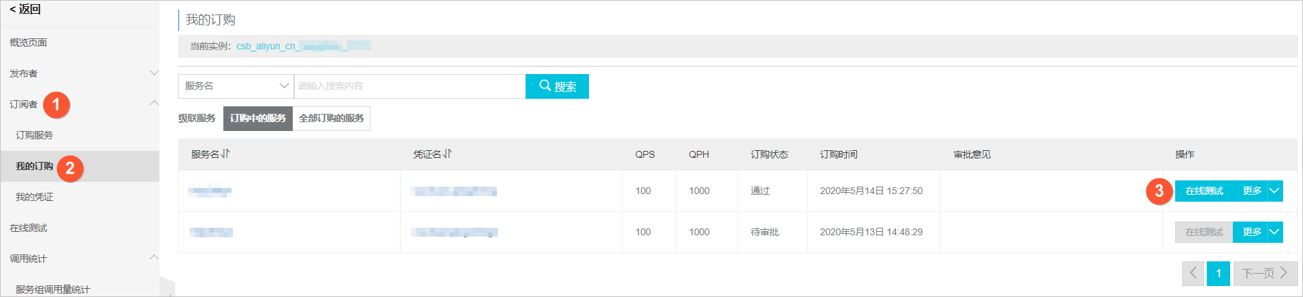 进入 CSB 测试页面-订阅者