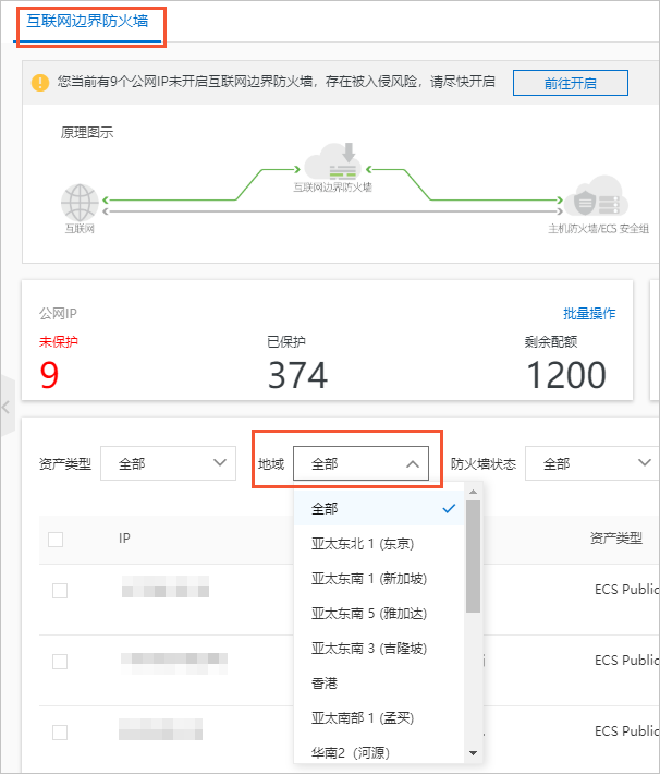 云防火墙支持的地域界面