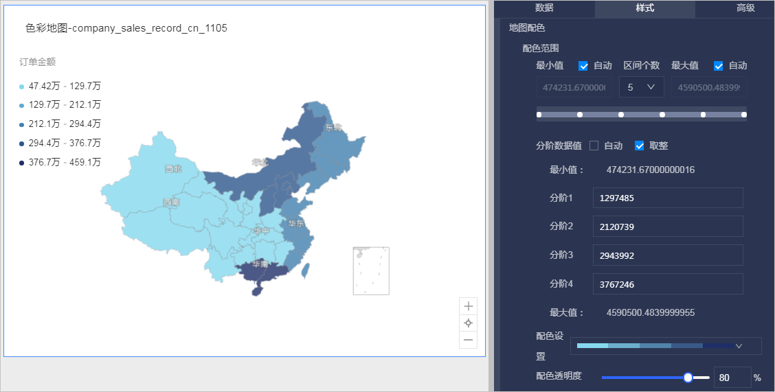 配色范围:设置地图的配色范围最值,配色设置颜色,配色透明度.