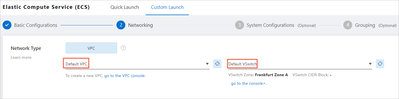 Default VPC networks and VSwitches