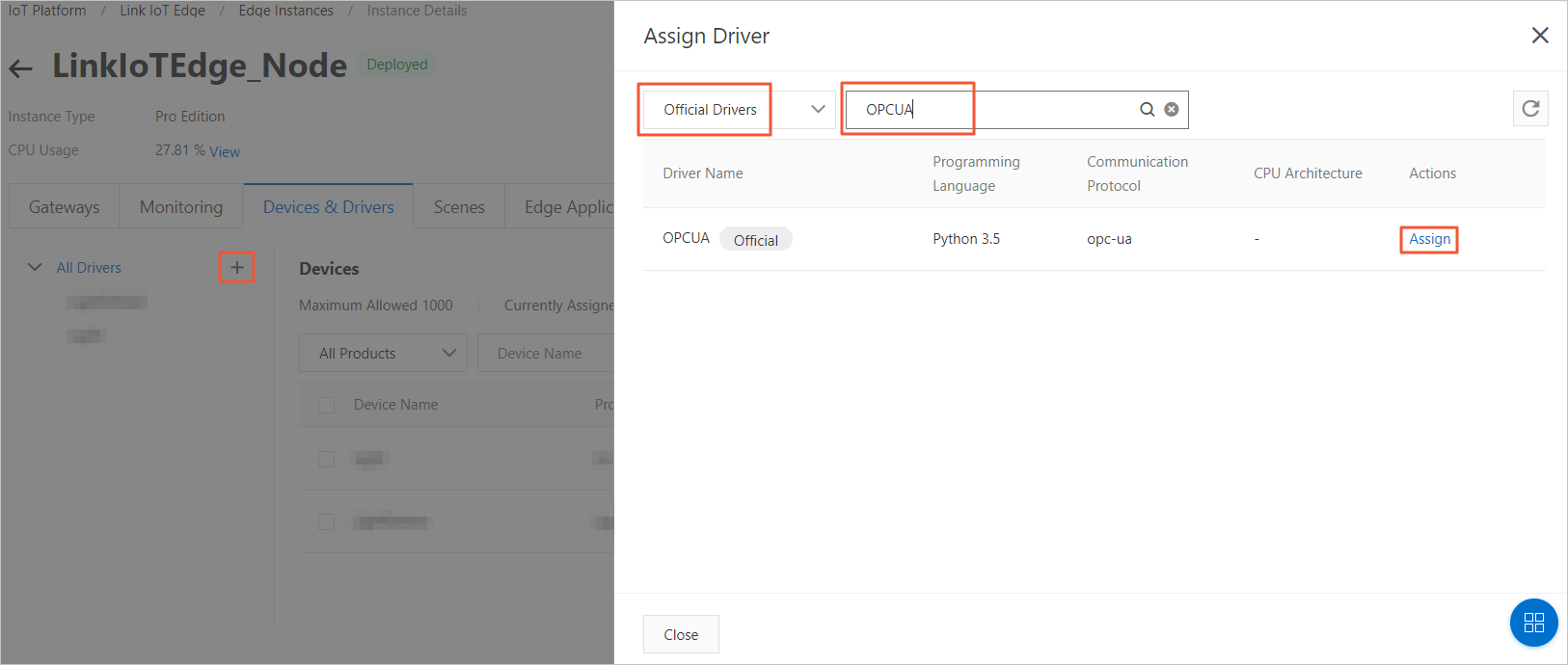 Assign the OPCUA driver to the edge instance