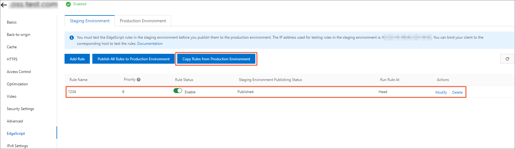 Edit rules in the staging environment