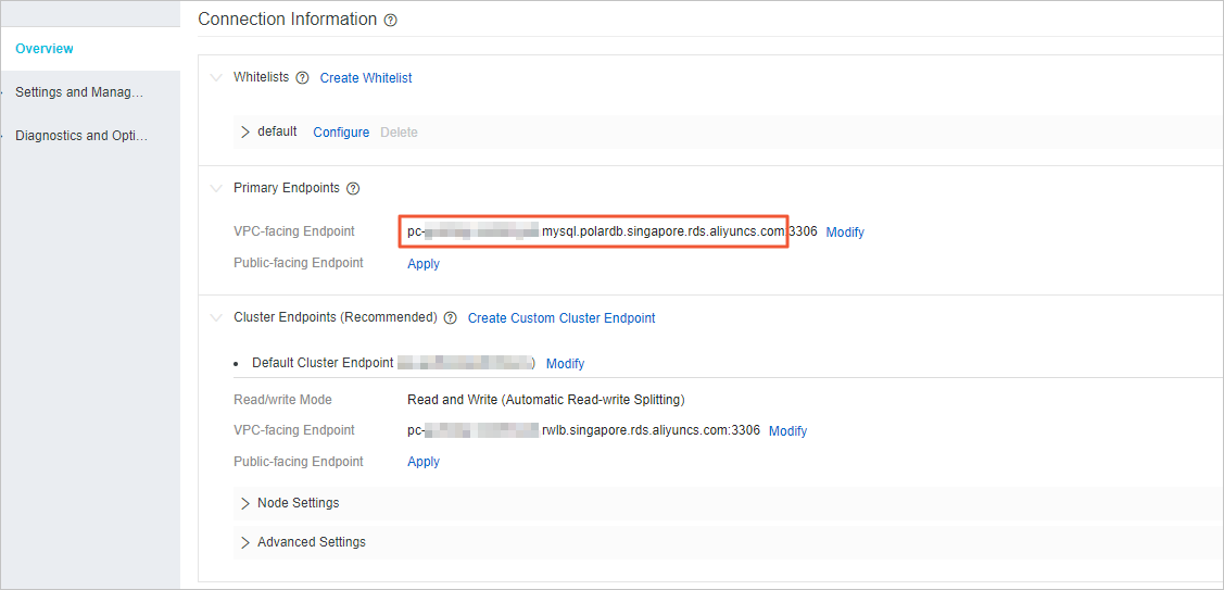 Obtain the private IP address of the PolarDB cluster
