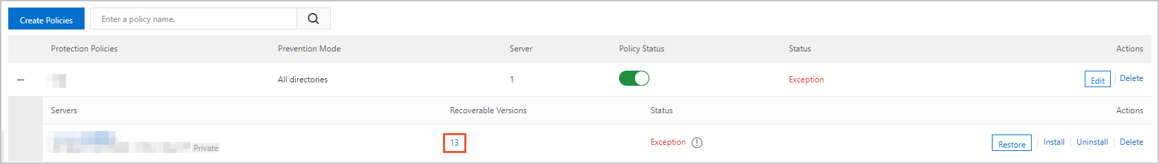 The Recoverable Versions column