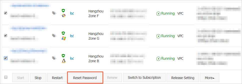 Reset the password of multiple instances