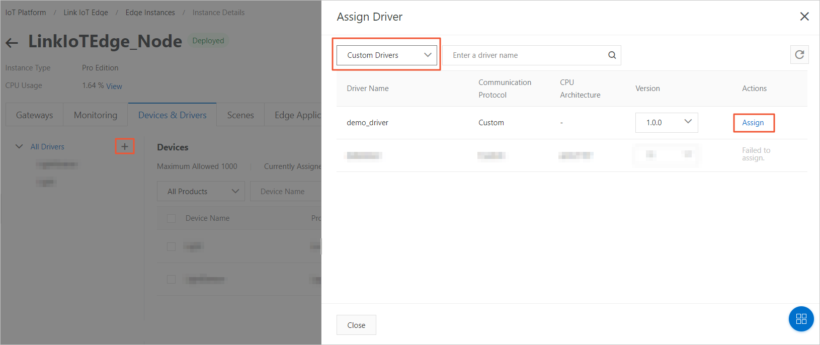 Assign the custom driver to the edge instance
