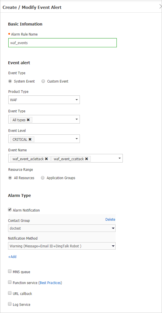 Event monitoring alert rules