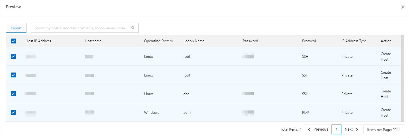 Preview of host import