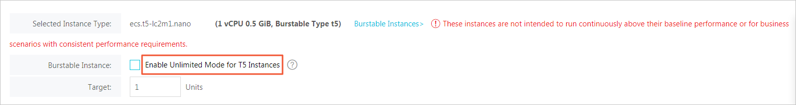 Enable the unlimited mode when creating a t5 instance
