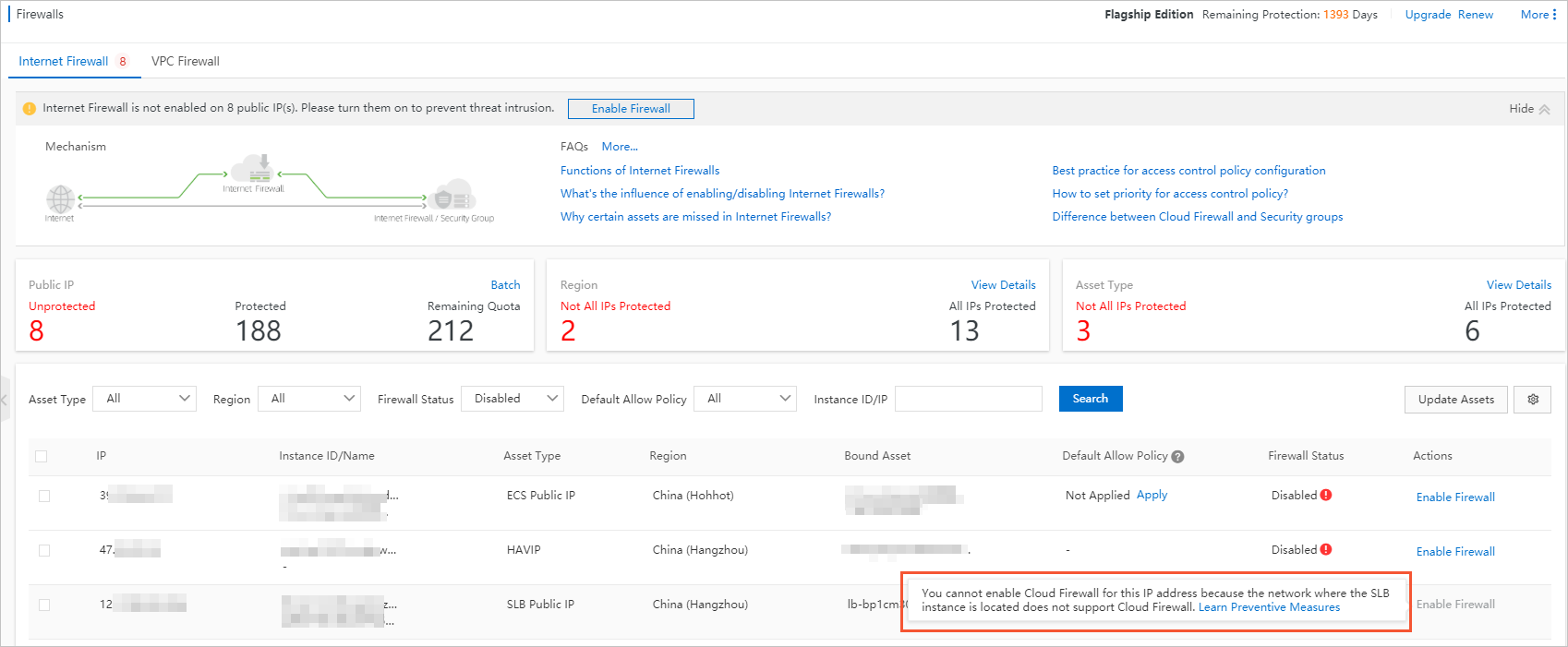 Fail to enable the Internet firewall