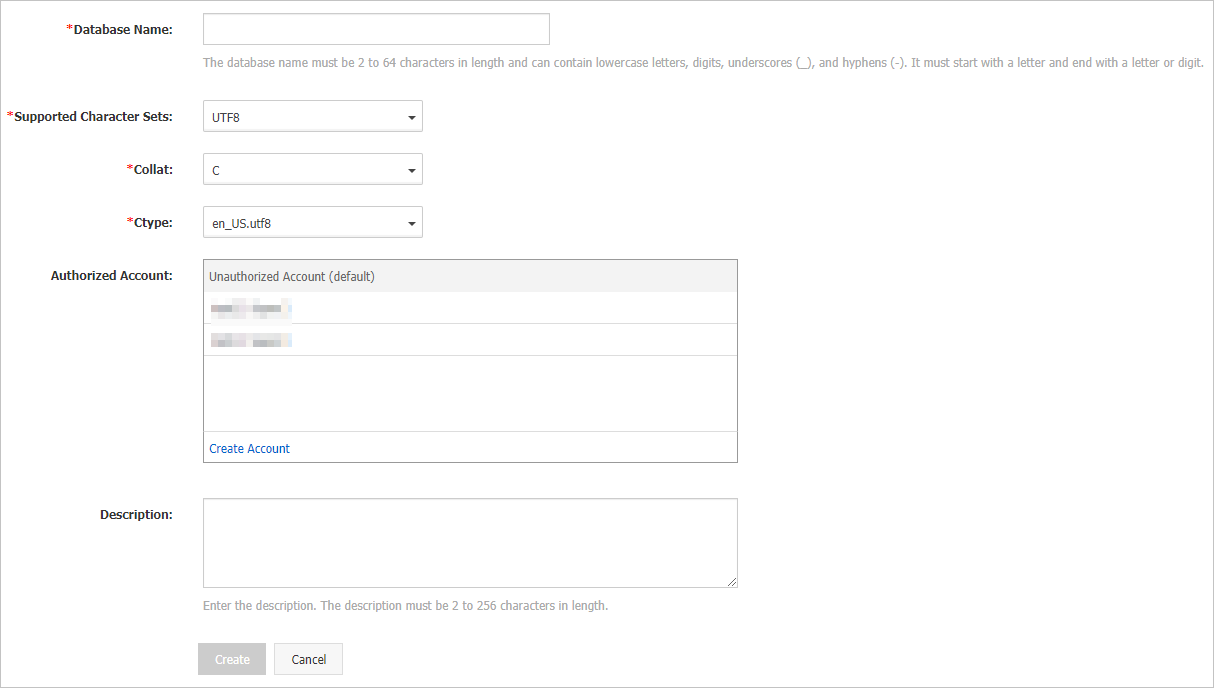 Create a database for an RDS instance with standard or enhanced SSDs